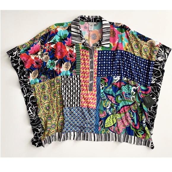 John Mark Tunic Top Nwt Pull Over Collar Wide Mixed Media Print 0X / 1X - Picture 1 of 4